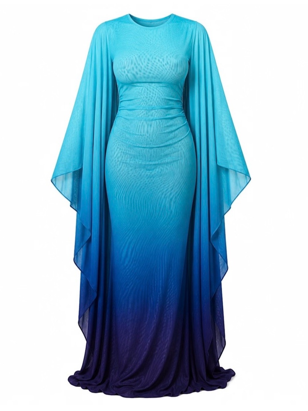 OFUURE Ombre Aqua to Navy Maxi Dress with Cape Sleeves
